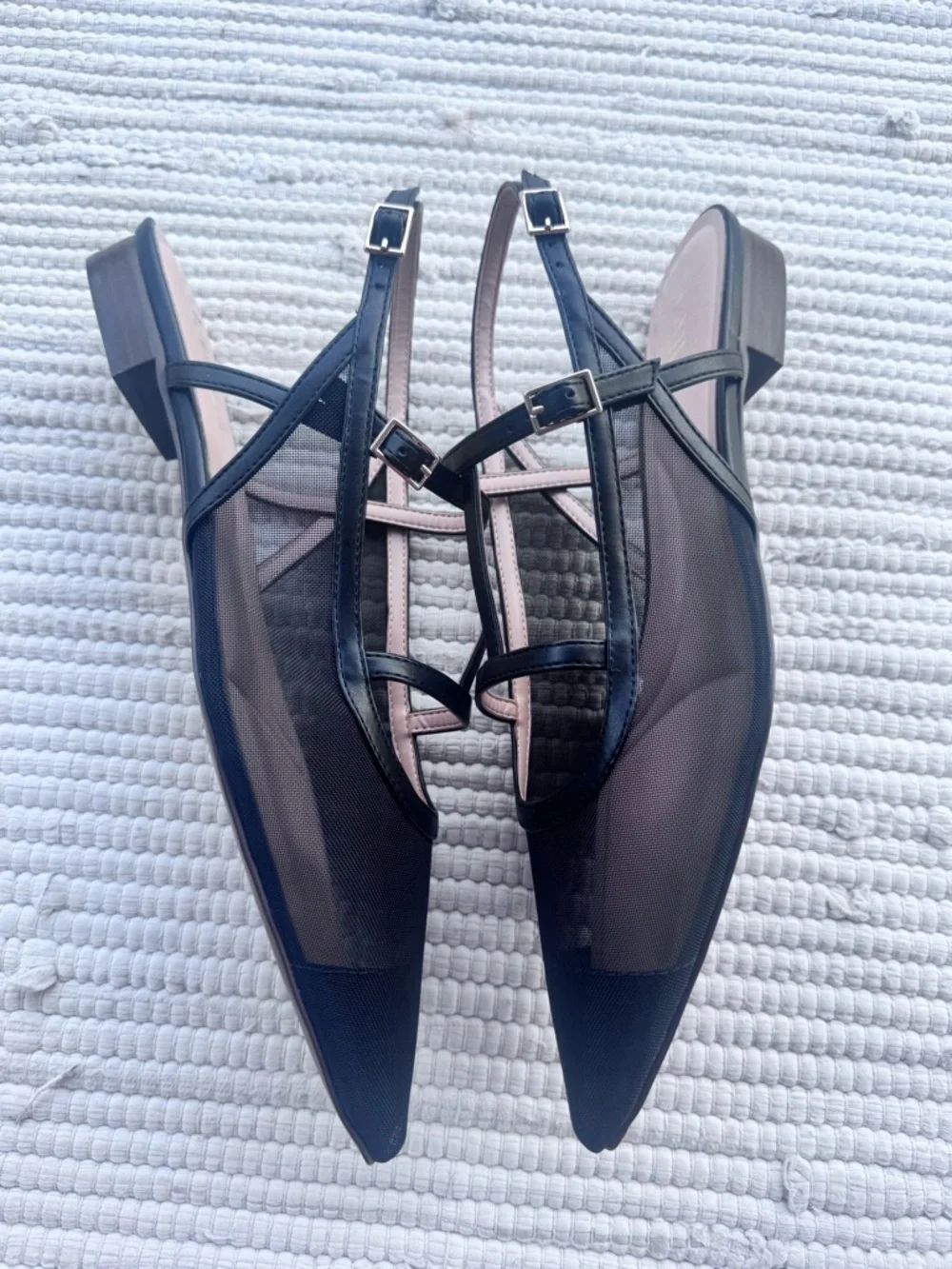 Vaila Luna Black Mesh Pointed Slingback Flats